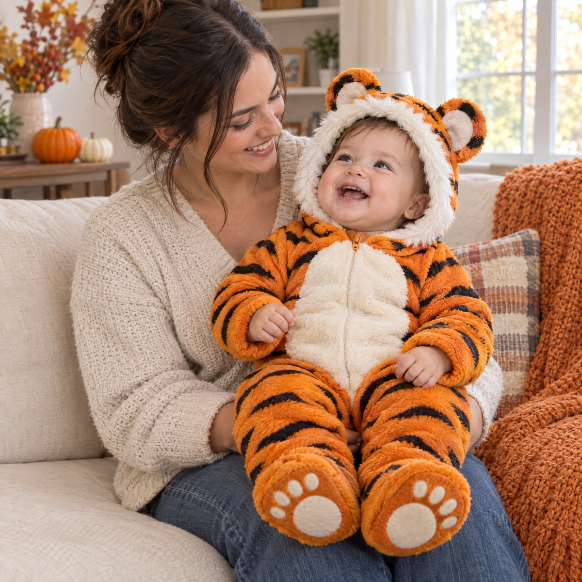 Happy baby in the CuddleClub tiger costume