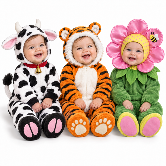 Cozy baby animal costumes in tiger, cow and flower styles